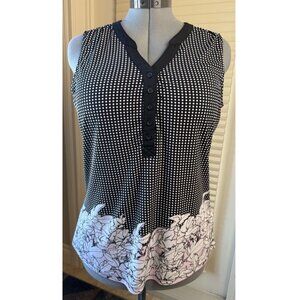 Ricki’s Sleeveless Blouse L Black White Polka Dot Floral Hem V Neck Button Top